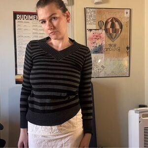 Striped V-Neck Women’s Sweater - Black and Gray
